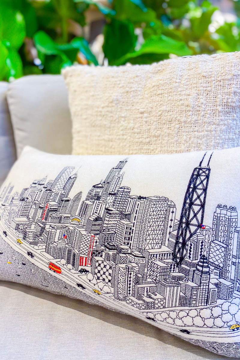 Chicago Skyline Embroidered Wool Day Prince Pillow 24x14