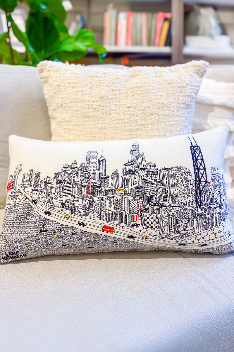 Chicago Skyline Embroidered Wool Day Prince Pillow 24x14