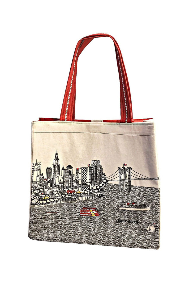 New York Skyline Embroidered Day (Cream) Tote Bag