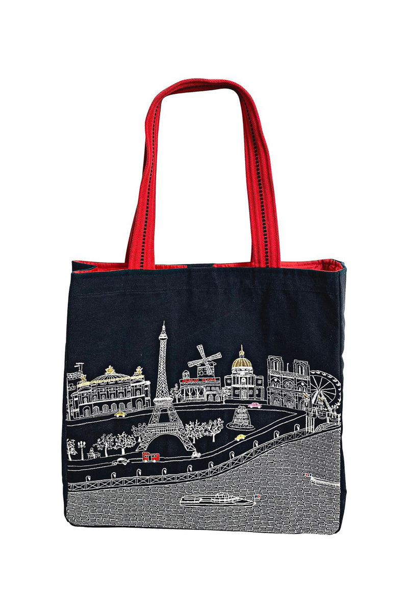 Paris Skyline Embroidered Night (Black) Tote Bag