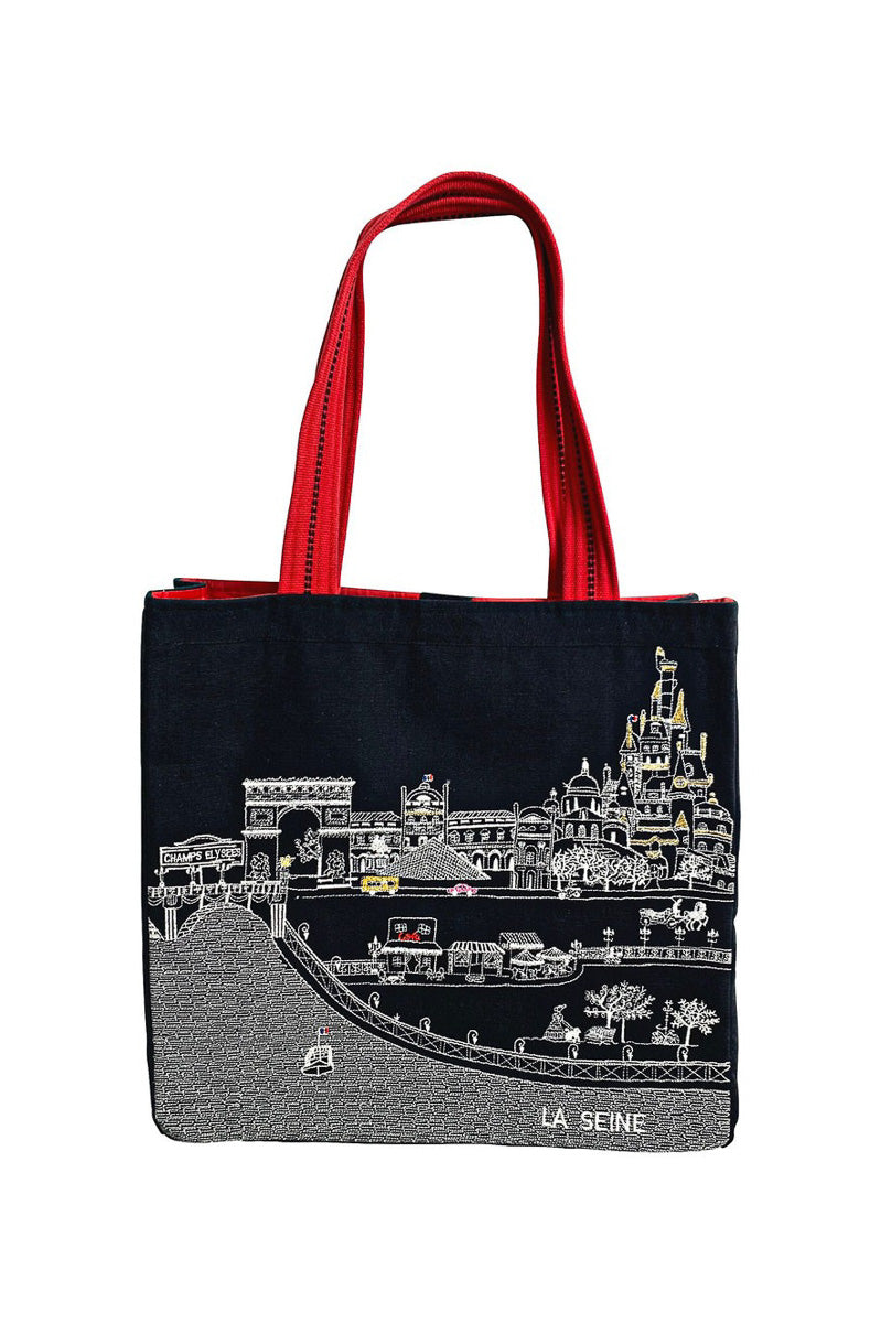 Paris Skyline Embroidered Night (Black) Tote Bag