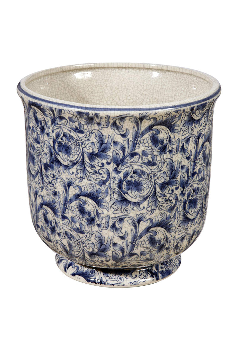 Round Fleur Cache Pot 4"x 4" Blue White