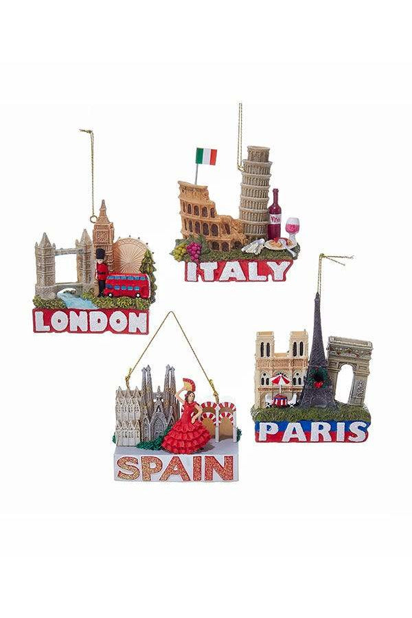 Travel Destination London Paris Italy Spain Ornament 3.25" Assorted