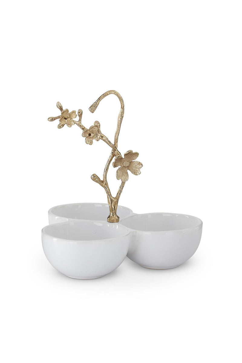 Ceramic 3 Bowl Condiment Server with Gold Metal Floral Handle 9.75" White