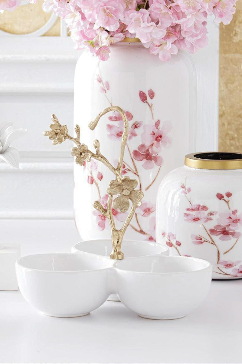 Ceramic 3 Bowl Condiment Server with Gold Metal Floral Handle 9.75" White