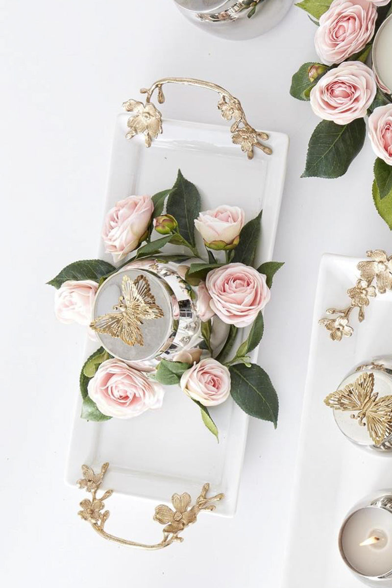 Ceramic Rectangular Tray with Gold Metal Floral Handles 17.25" White