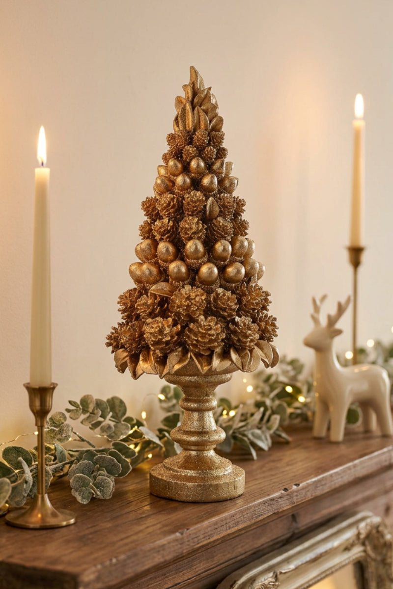 Faux Acorn Cone Tree 17" Gold