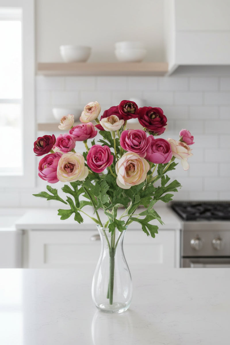 Faux Mini Ranunculus Bush 10.5" Cerise Beauty