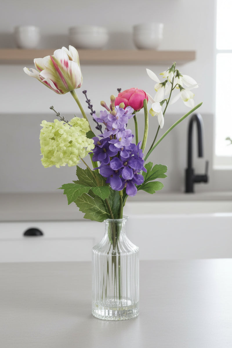 Faux Snowball, Lilac and Tulip in Vase 14" Mix