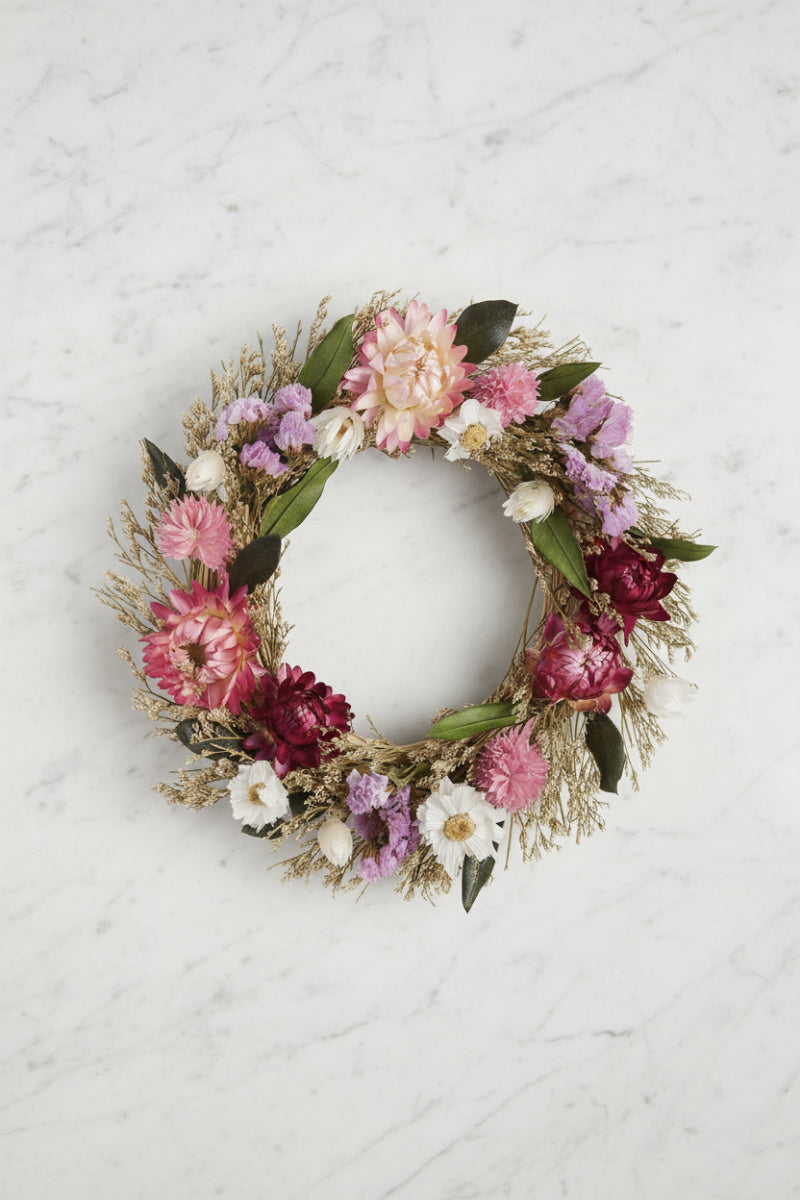 Faux Strawflower Statice Wreath 6.5" Pink Fuchsia