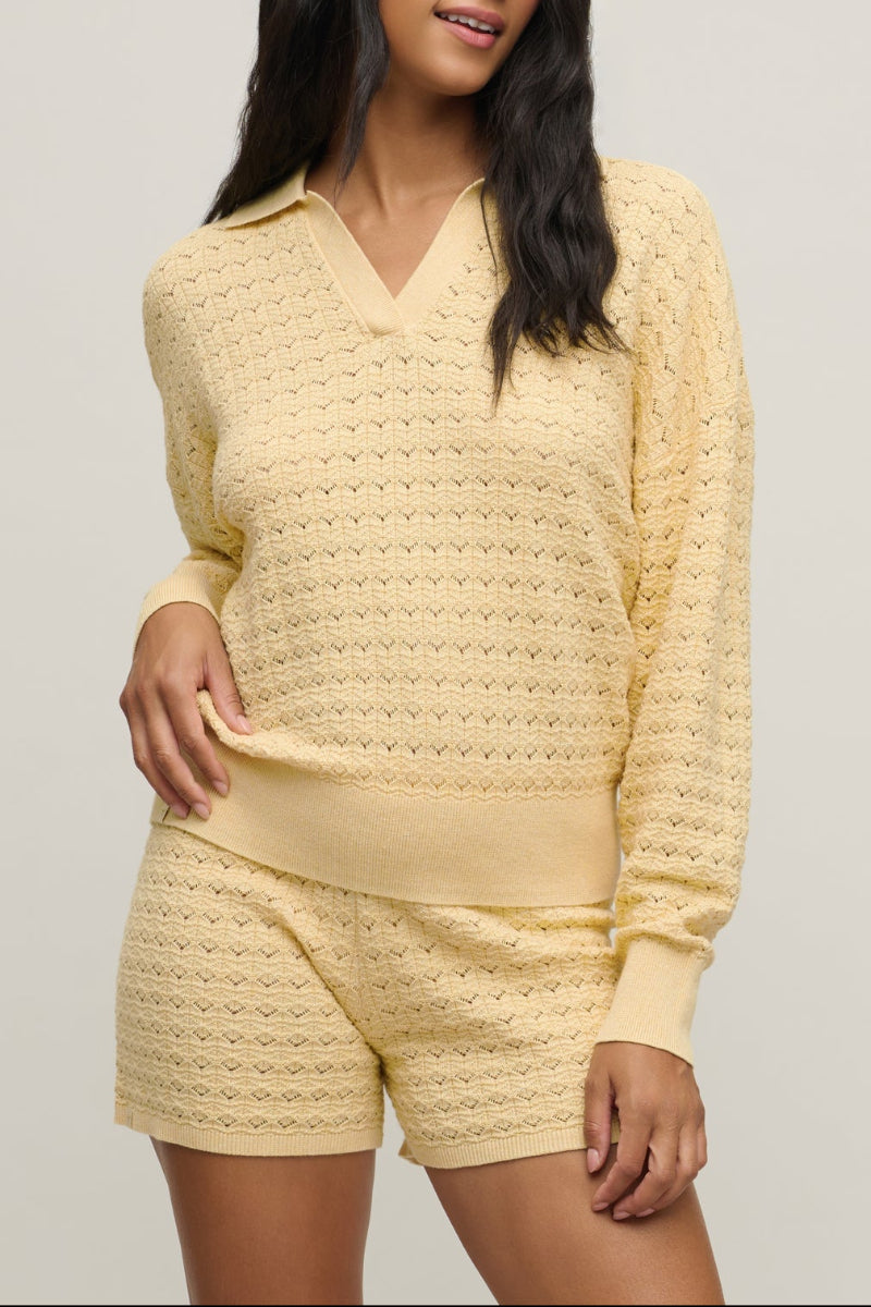 Barefoot Dreams Heathered Cotton Tulip Pointelle Collared Pullover Large Canary