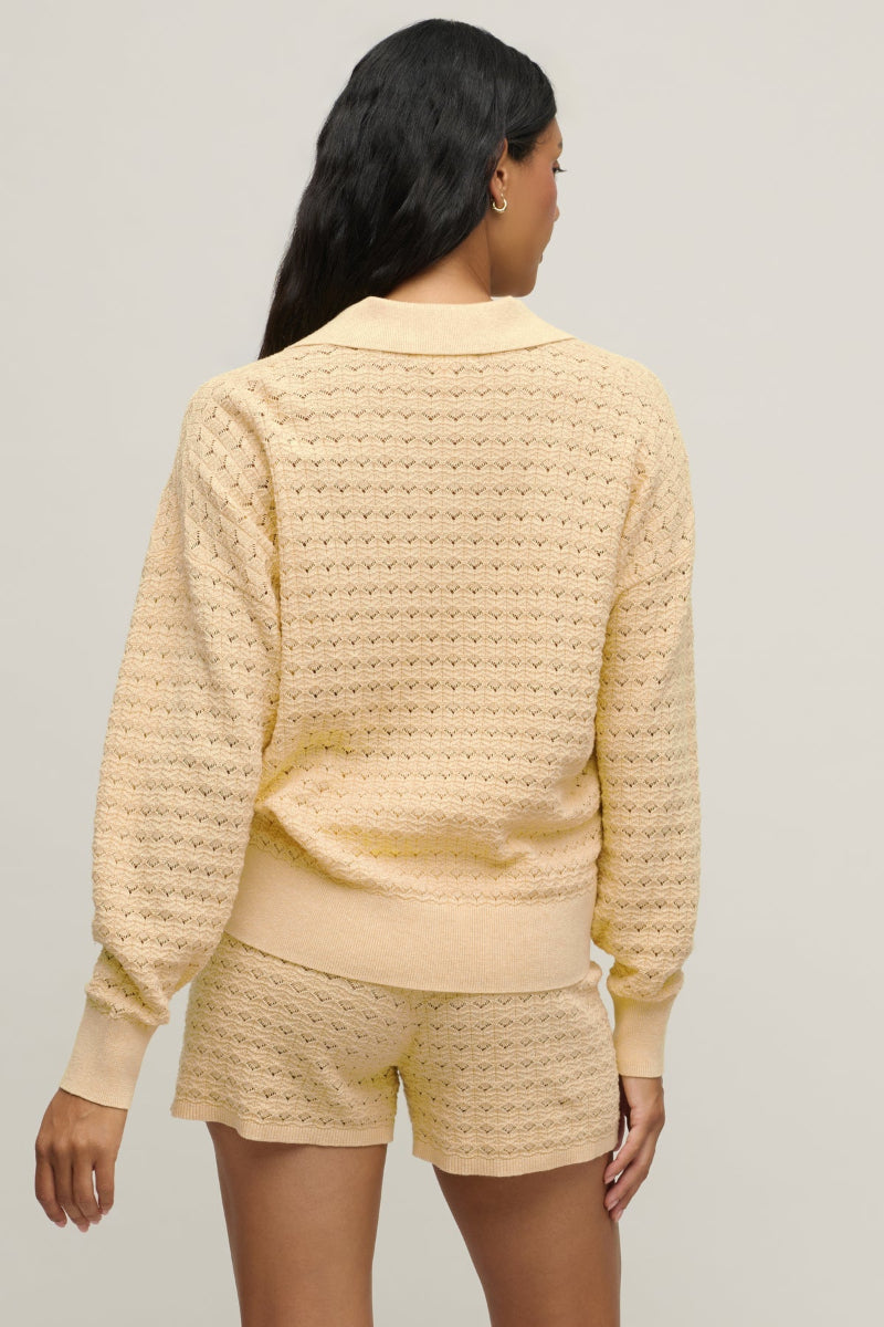 Barefoot Dreams Heathered Cotton Tulip Pointelle Collared Pullover Large Canary