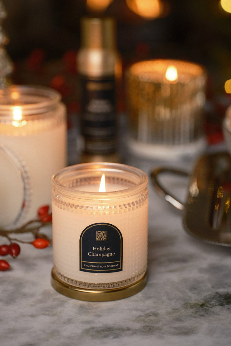 Aromatique Holiday Champagne Textured Glass Candle with Metal Lid 6 oz