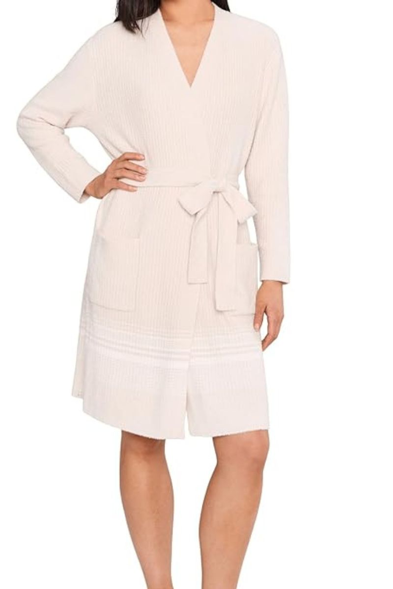 Barefoot Dreams CozyChic Lite Variegated Stripe Ribbed Robe L/XL Sand Dune-Pearl