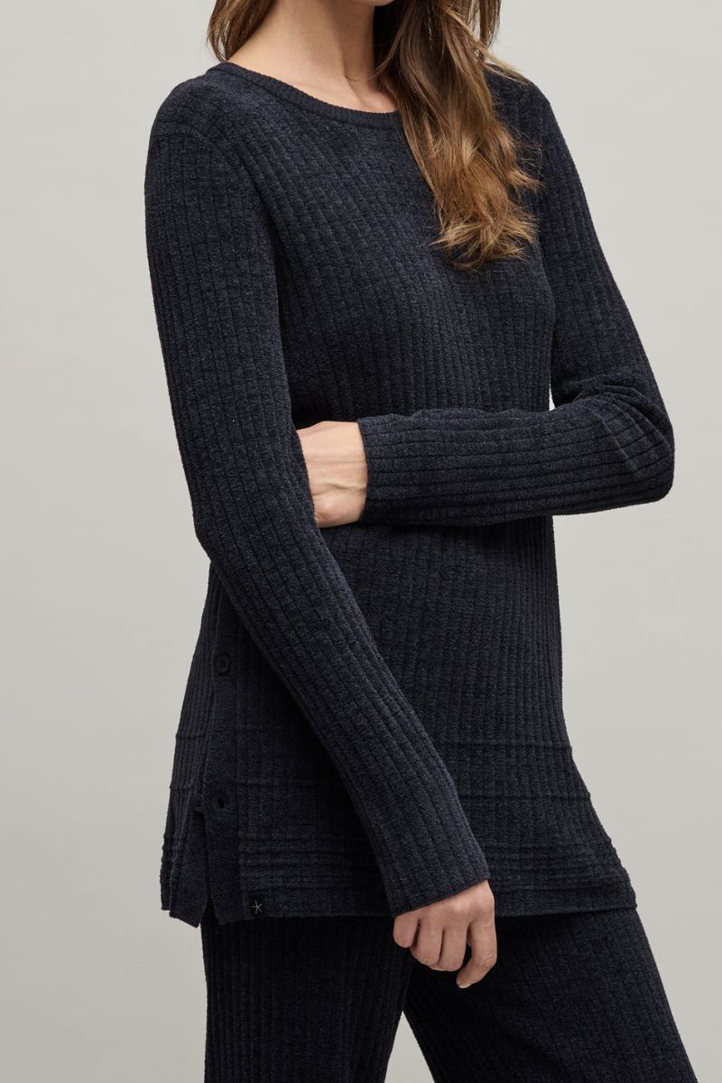Barefoot Dreams CozyChic Ultra Lite Textured Rib Pullover with Buttons XL Black
