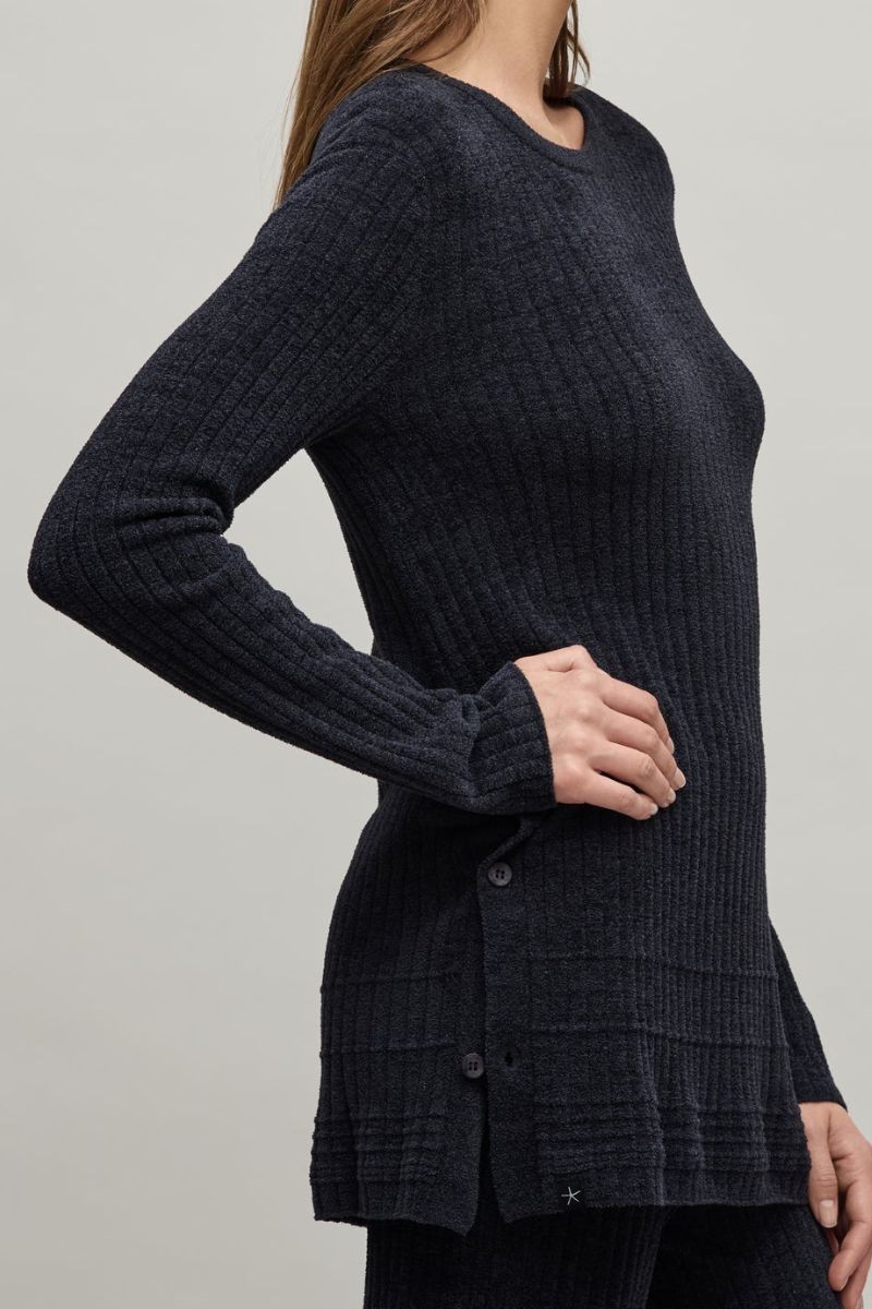 Barefoot Dreams CozyChic Ultra Lite Textured Rib Pullover with Buttons Small Black