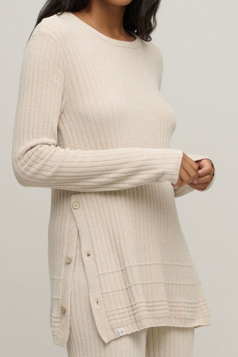 Barefoot Dreams CozyChic Ultra Lite Textured Rib Pullover with Buttons Small Stone