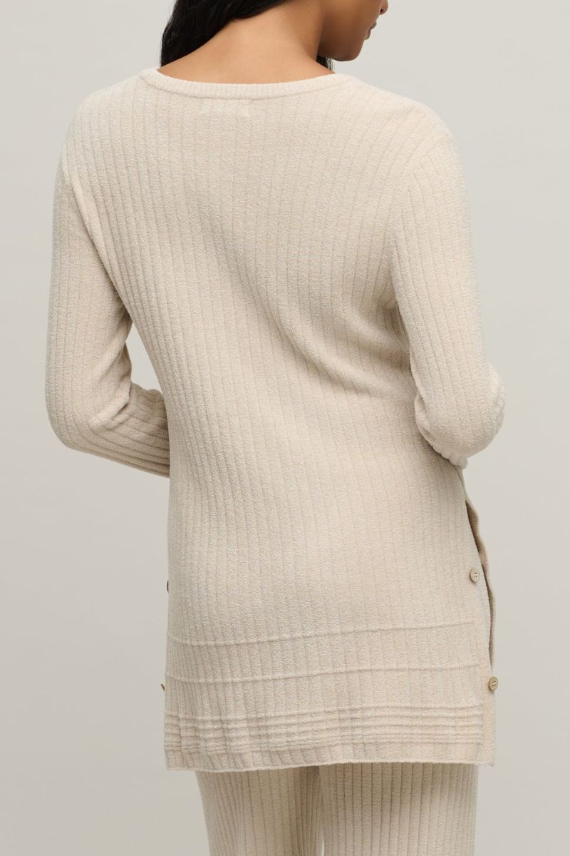 Barefoot Dreams CozyChic Ultra Lite Textured Rib Pullover with Buttons Medium Stone