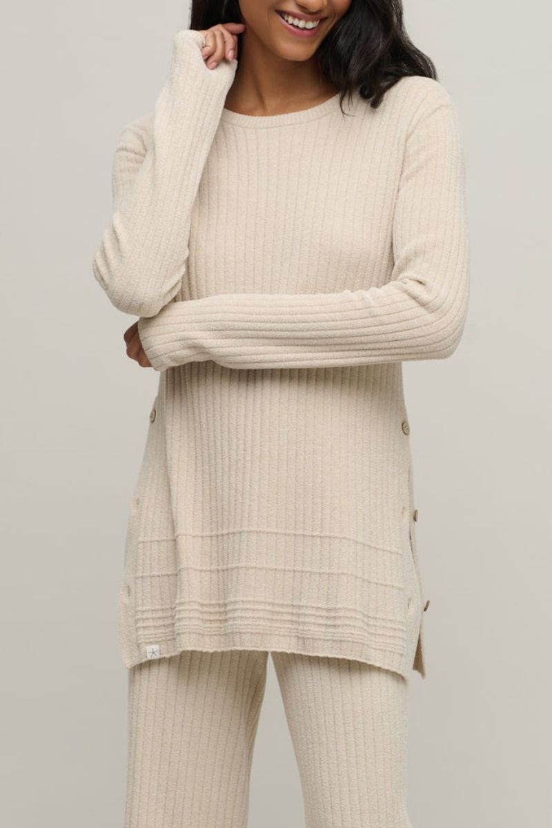 Barefoot Dreams CozyChic Ultra Lite Textured Rib Pullover with Buttons Small Stone