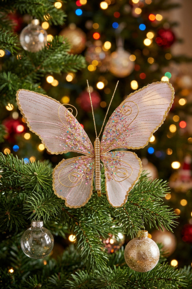 Butterfly Clip On Ornament Large Pink