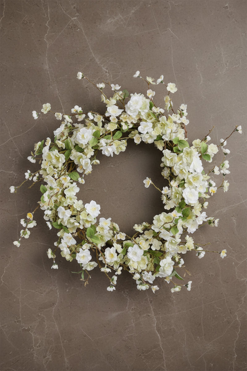 Faux Cherry Blossom Wreath 24" Cream & Green