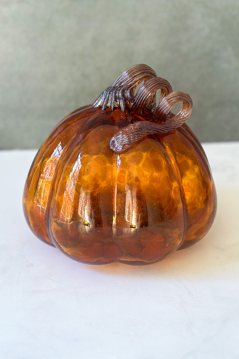 Glass Pumpkin With Curly Stem 7.5"x7.5" Amber
