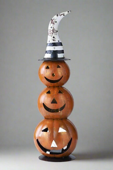 Triple Stacked LED Jack O Lanterns with Black and White Hat 24"