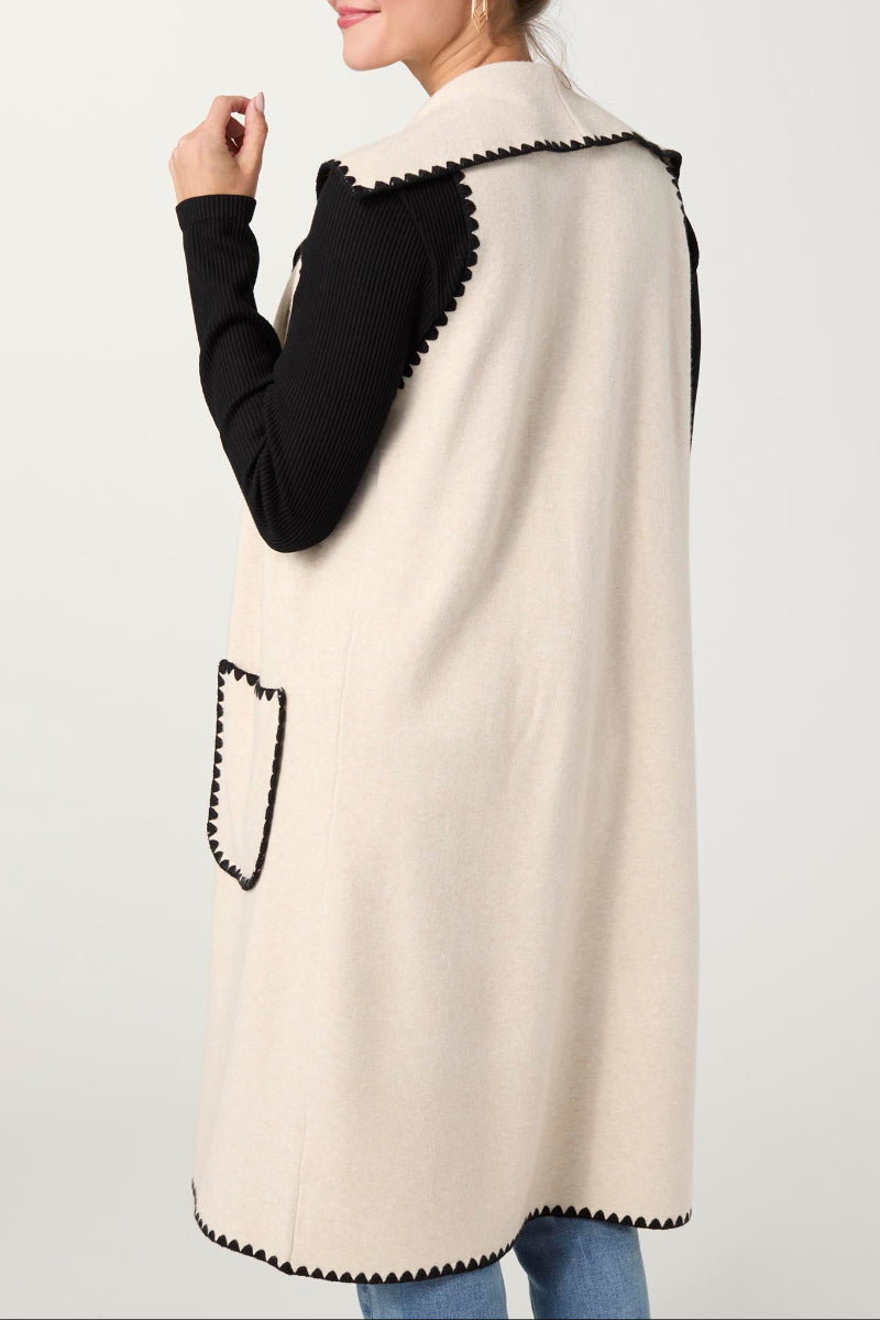 Heavenly-Luxe Long Vest with Contrast Trim XS Oatmeal