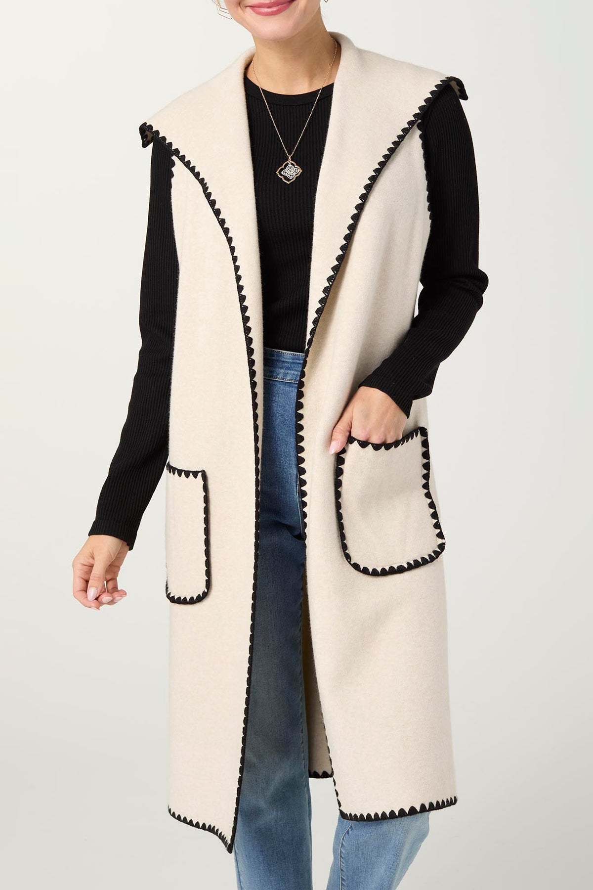 Heavenly-Luxe Long Vest with Contrast Trim XS Oatmeal