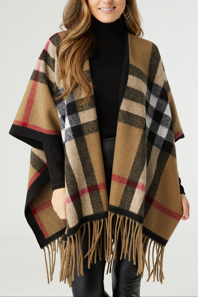 Jora Plaid Wrap with Fringe Taupe