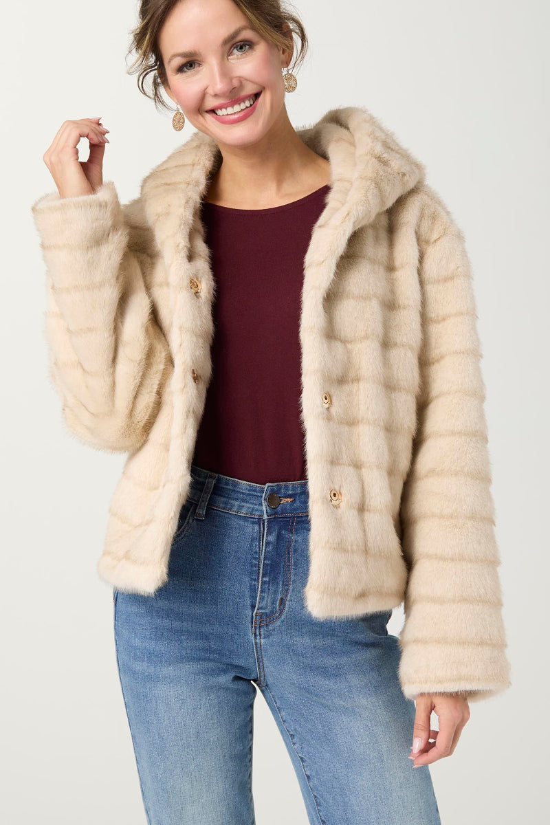 Karina Faux Fur Hooded Jacket S/M Doeskin & Taupe