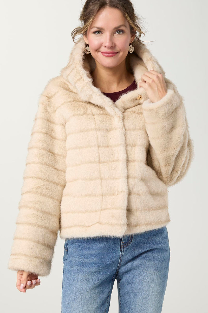 Karina Faux Fur Hooded Jacket S/M Doeskin & Taupe