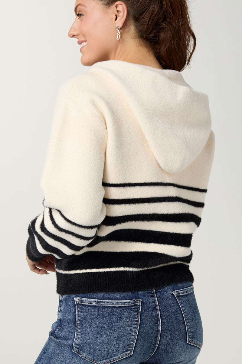 Sonja Hooded Zip Front Stripe Cardigan XS Ivory & Black