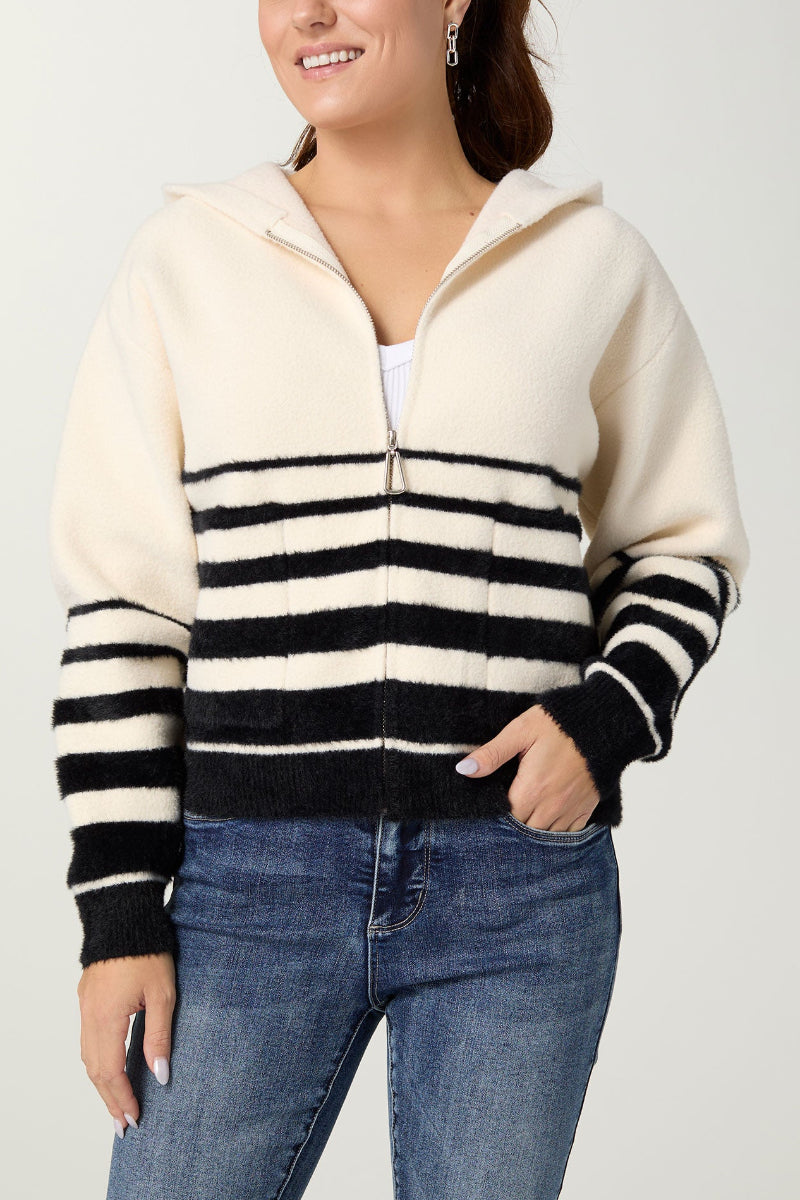 Sonja Hooded Zip Front Stripe Cardigan XS Ivory & Black