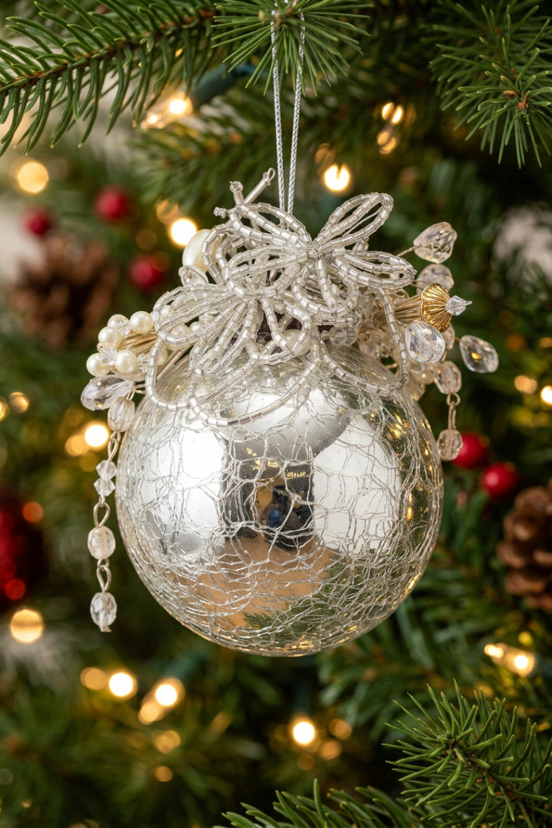 Braded Crazed Glass Ball Ornament 3.54" Silver