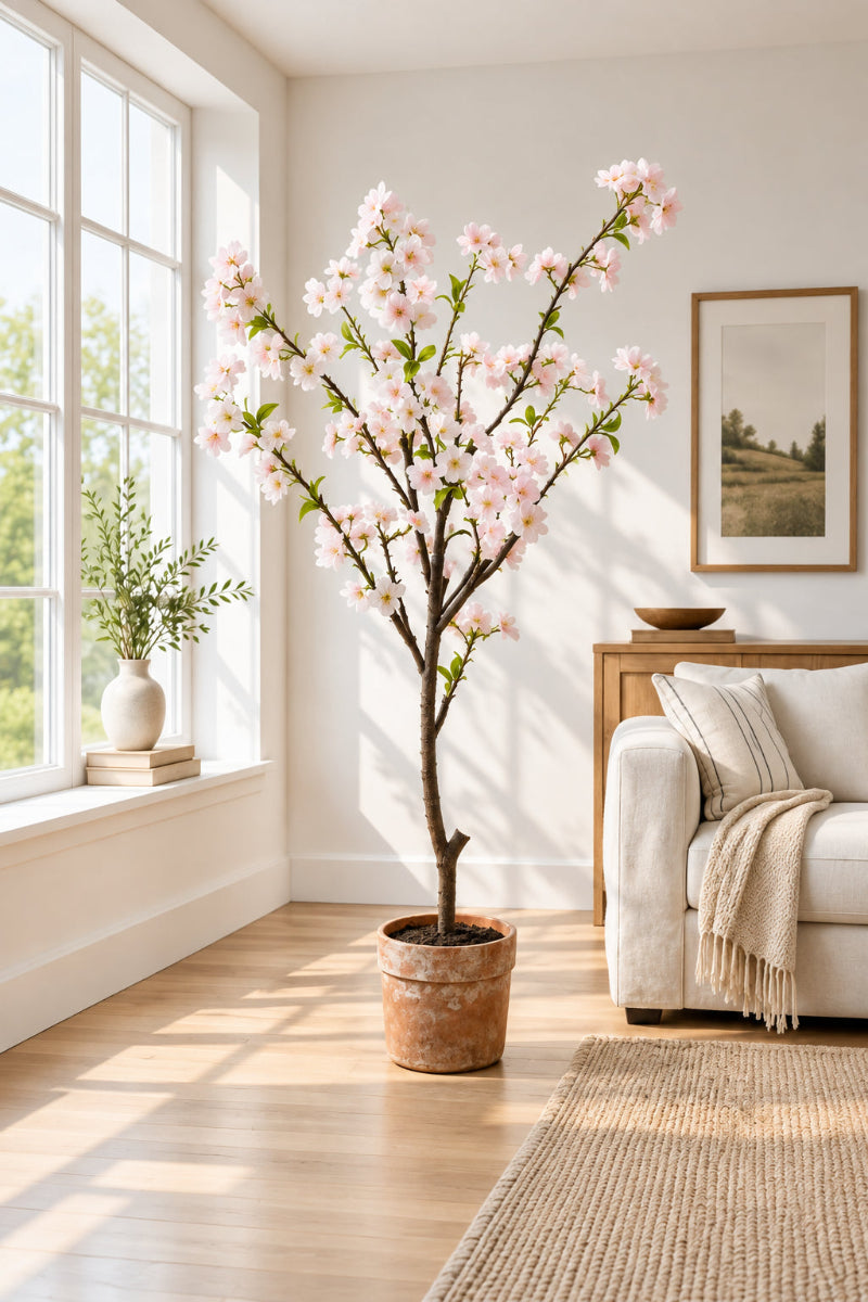 Faux Cherry Blossom in Clay Pot 49" Blush
