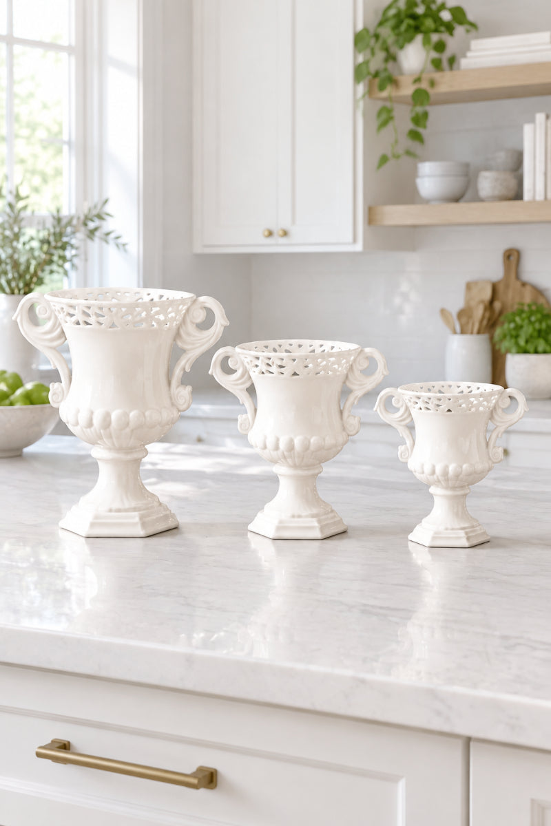Ceramic Urn Double Handle with Ornate Rim Medium White