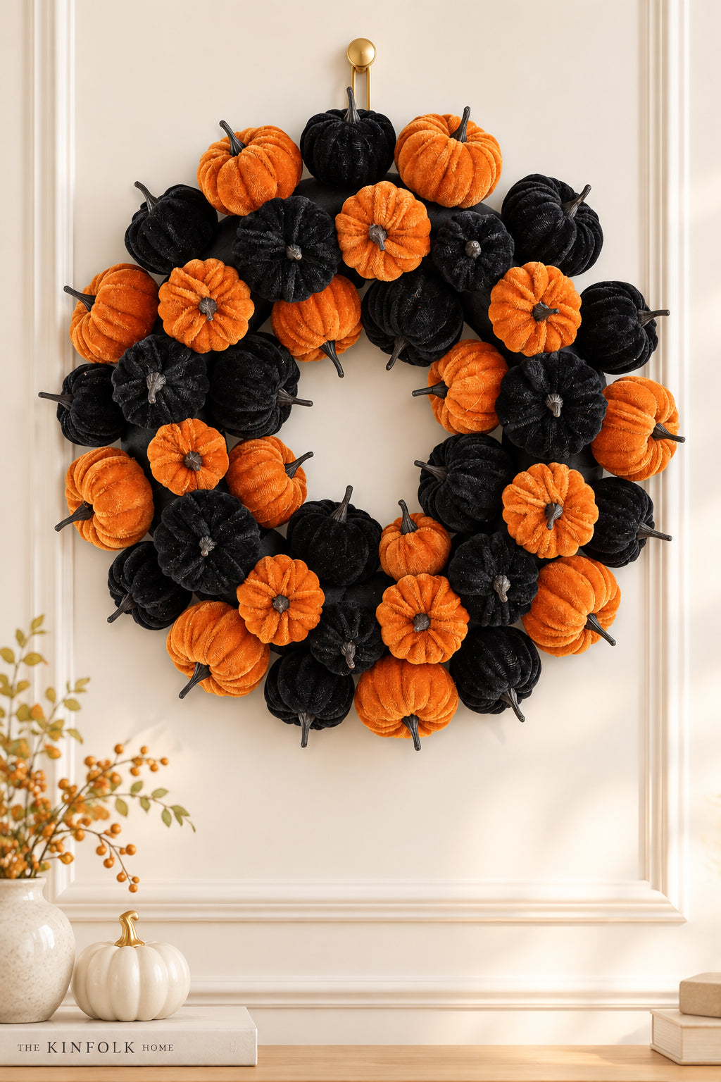 Faux Velvet Pumpkin Wreath 15" Black and Orange