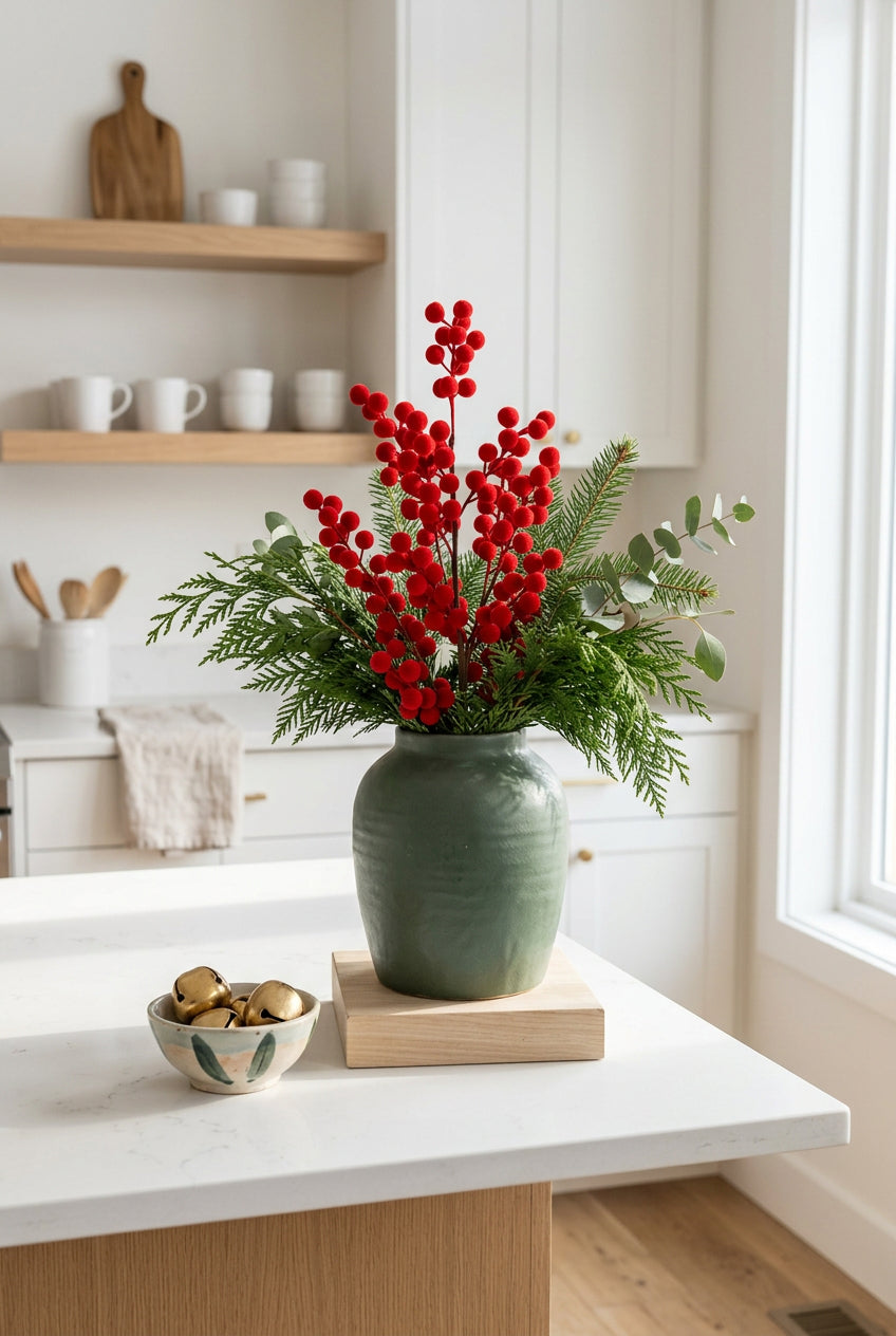 Faux Flocked Berry Spray 33" Red