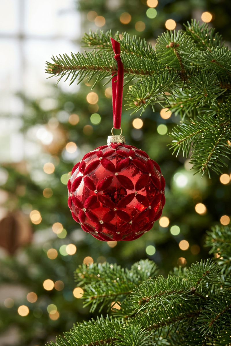 Flocked Basket Weave Ball Ornament Small Red