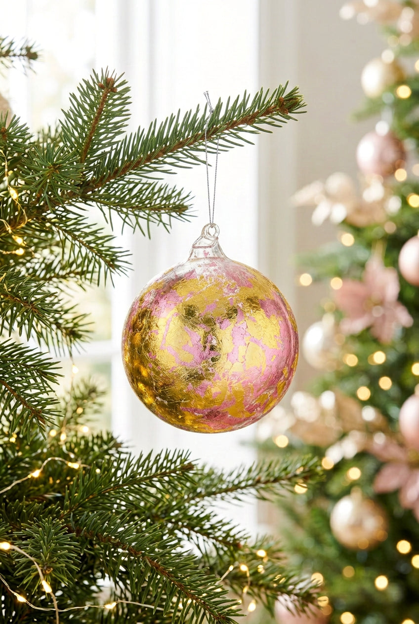 Metalic Glass Leaf Ornament 4.72" Gold & Pink