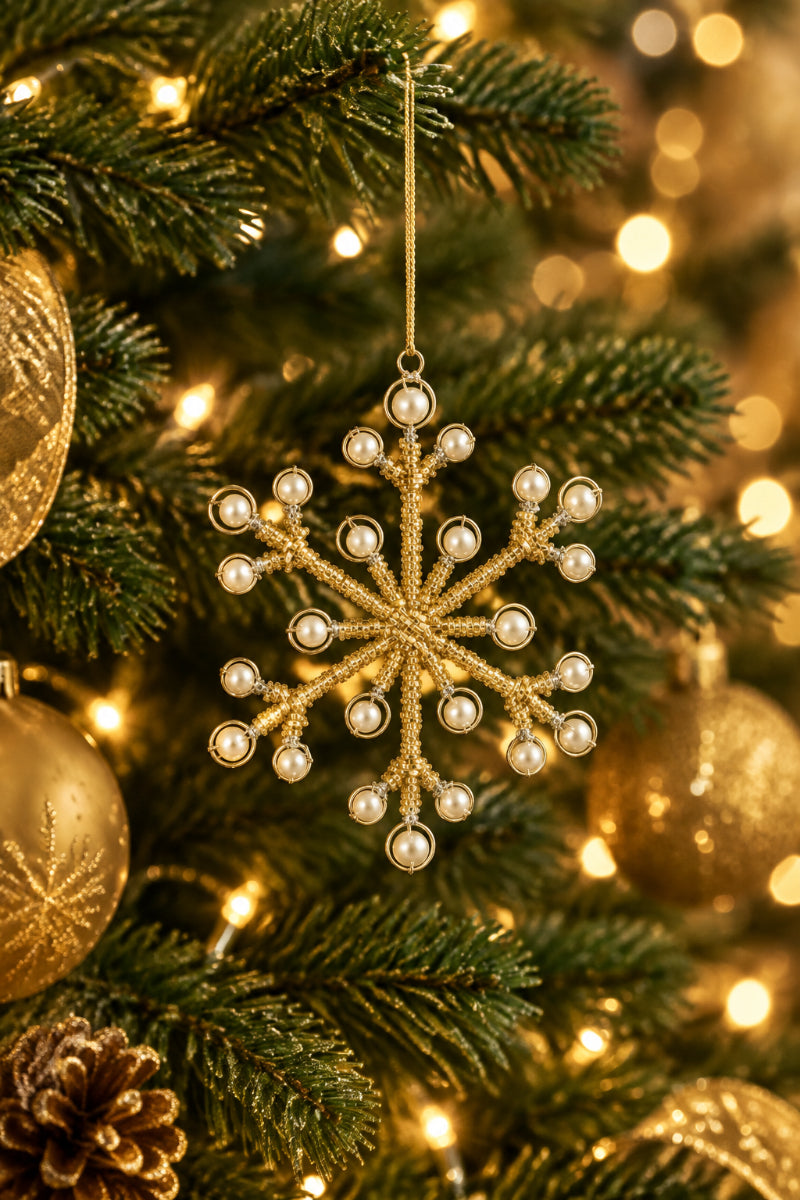 Metal Beaded Snowflake Ornament with Faux Pearls Gold Finish