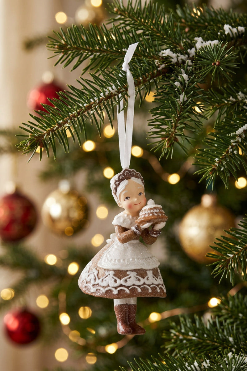 Glittered Gingerbread Mrs. Clause with Cake 5" Brown