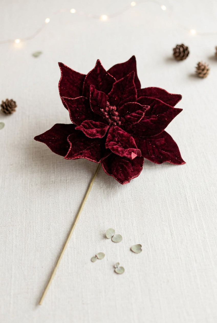 Faux Velvet Poinsettia Stem 20" Burgundy