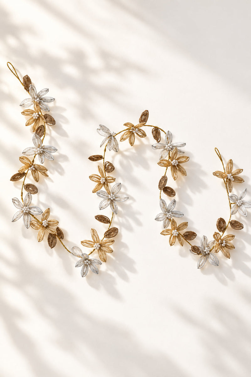 Wire & Glass Beaded Flowers Garland with Faux Pearls 72" Silver & Gold Finish