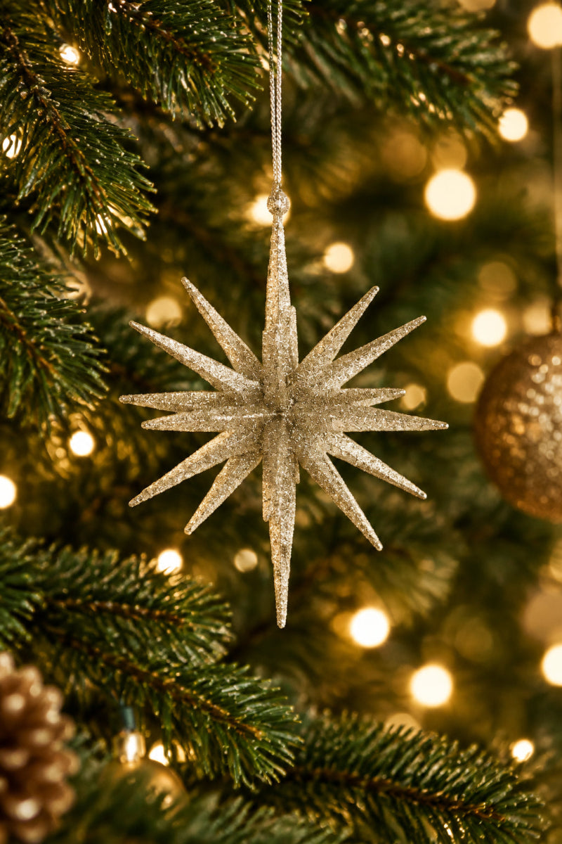 Glitter Star Ornament 6" Champagne
