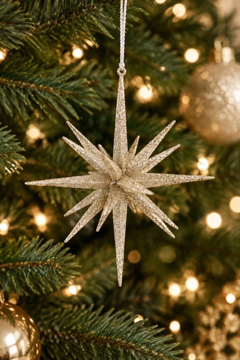 Glitter Star Ornament 8" Champagne