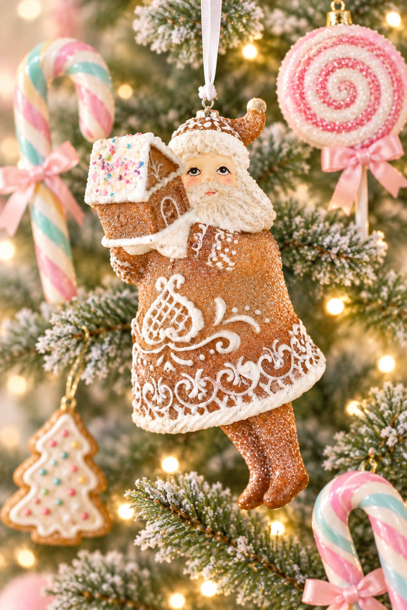 Glittered Gingerbread Santa with House 5" Brown