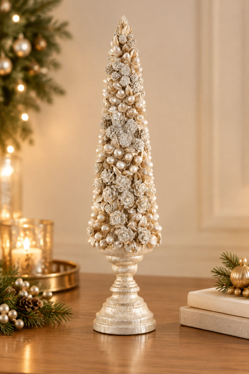 Glittered Pinecone and Acorn Tree on Pedestal Large