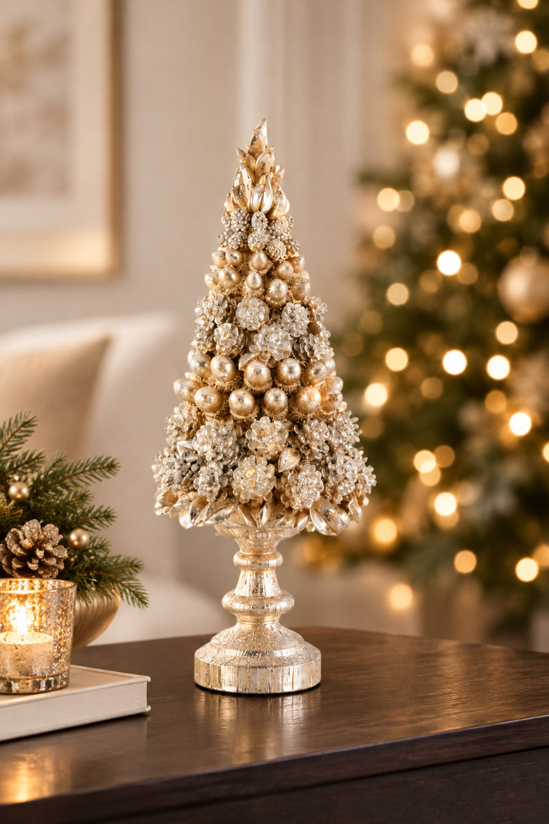 Glittered Pinecone and Acorn Tree on Pedestal Small